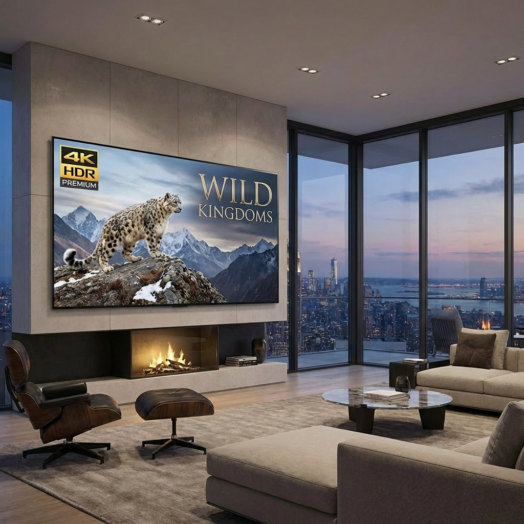 TV screen displaying 4K HDR PREMIUM WILD KINGDOMS snow leopard in a modern living room.