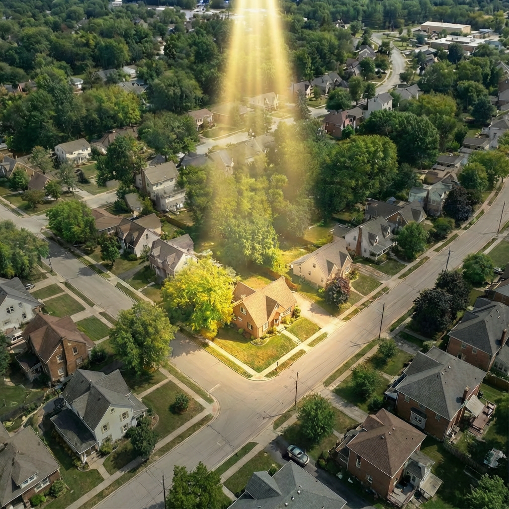 CAPTURE ATTENTION. DRIVE RESULTS. POWERED BY DEEPSIGNAL. Aerial view with one house highlighted.